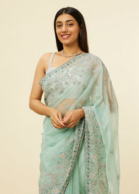 alt message - Mohey Women Sea Green Bel Buti Patterned Stone Work Saree image number 1